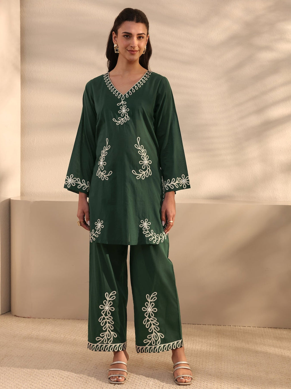 Libas Green Embroidered Cotton Co-Ord Set CO87