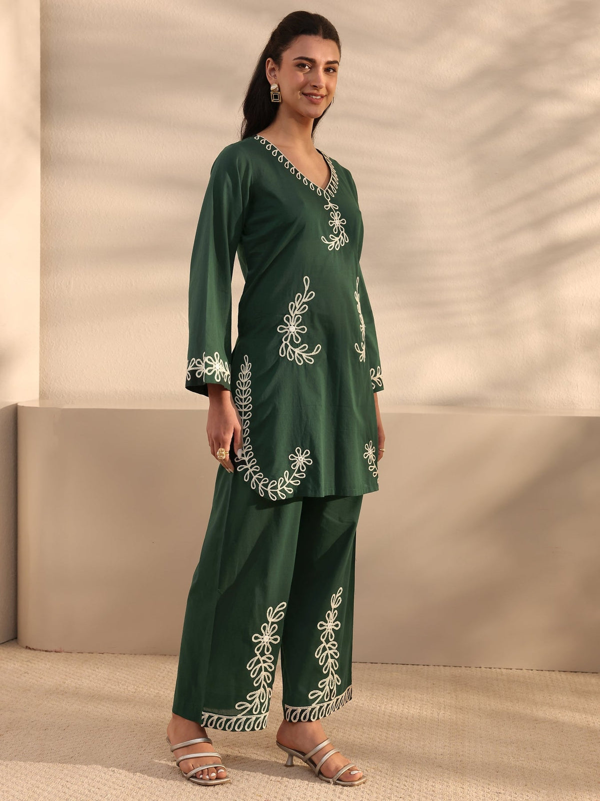 Libas Green Embroidered Cotton Co-Ord Set CO87