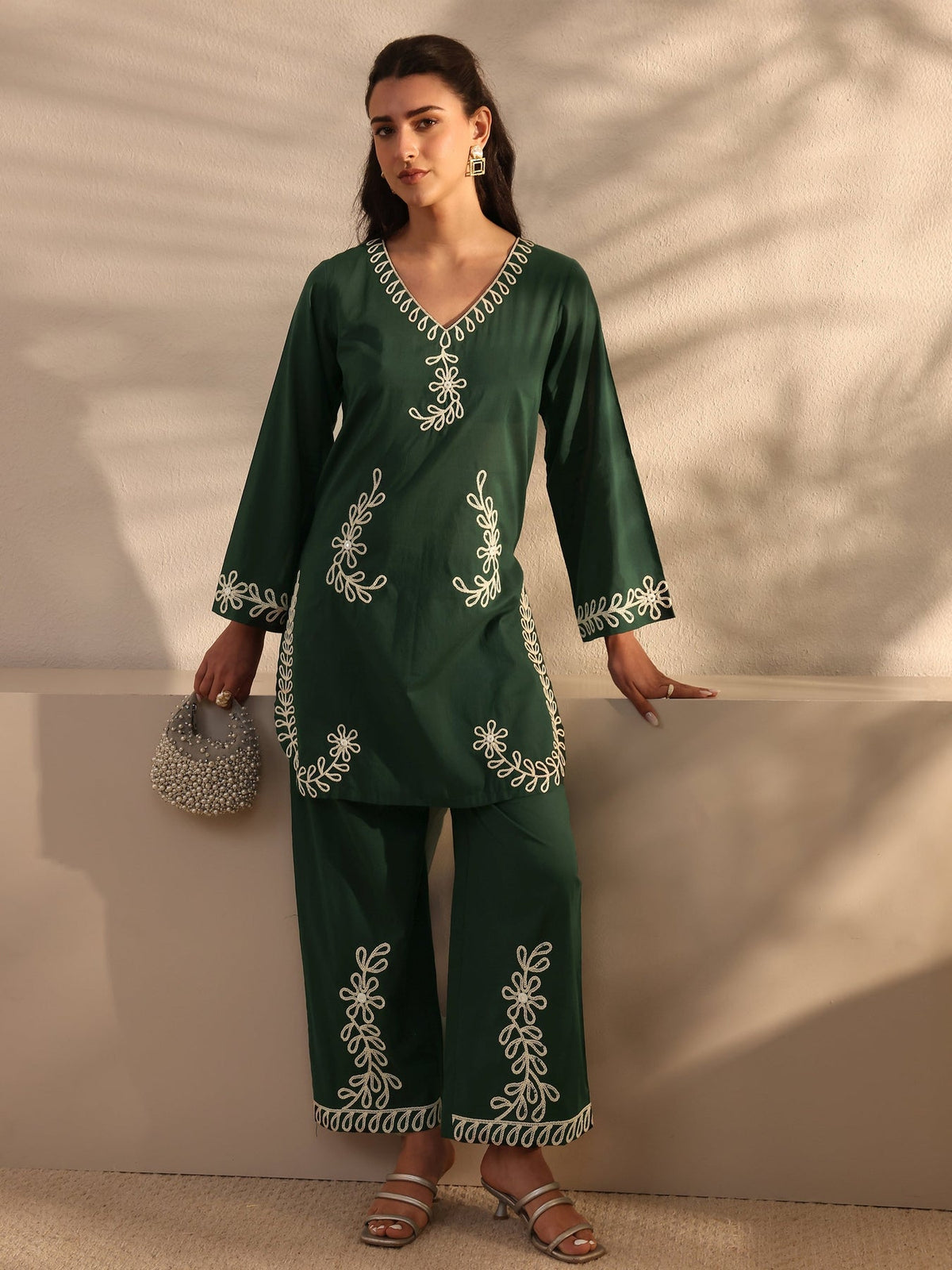 Libas Green Embroidered Cotton Co-Ord Set CO87