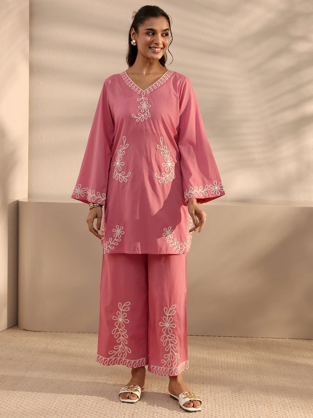Libas Pink Embroidered Cotton Co-Ord Set CO87