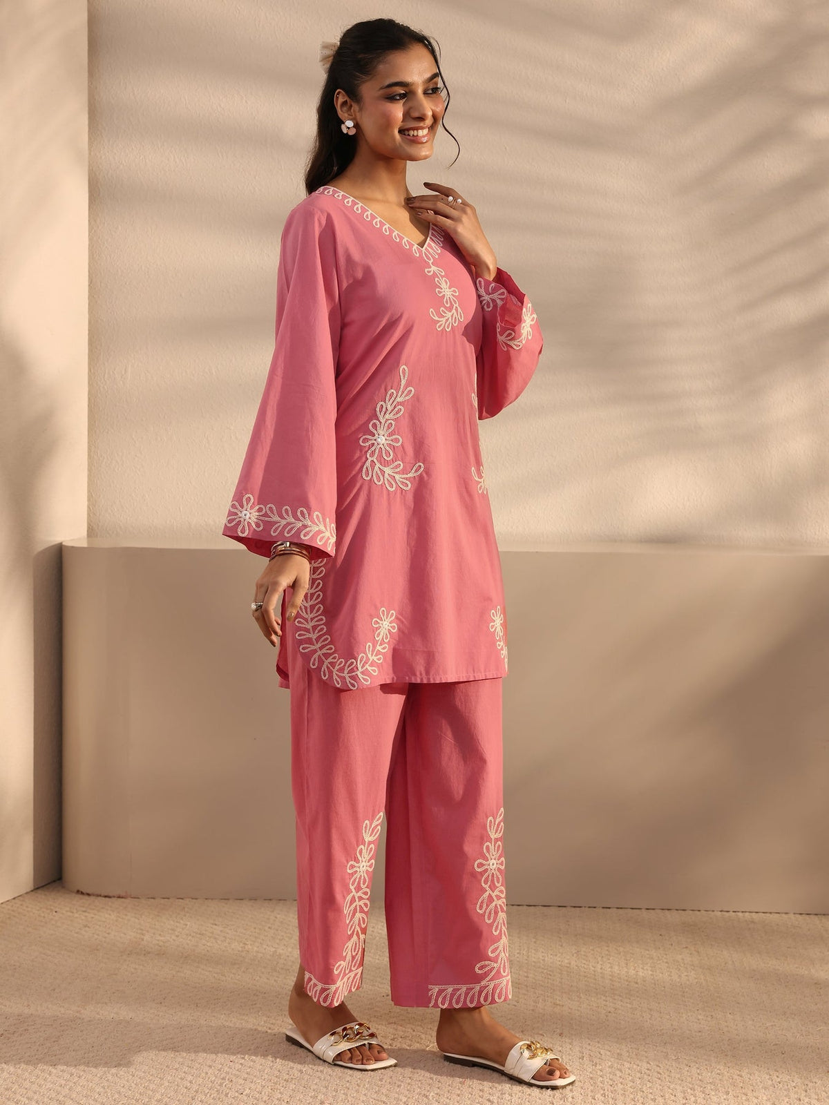 Libas Pink Embroidered Cotton Co-Ord Set CO87