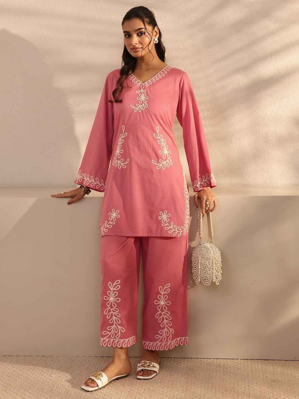 Libas Pink Embroidered Cotton Co-Ord Set CO87