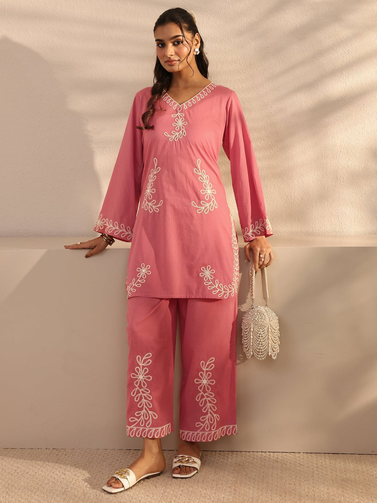 Libas Pink Embroidered Cotton Co-Ord Set CO87