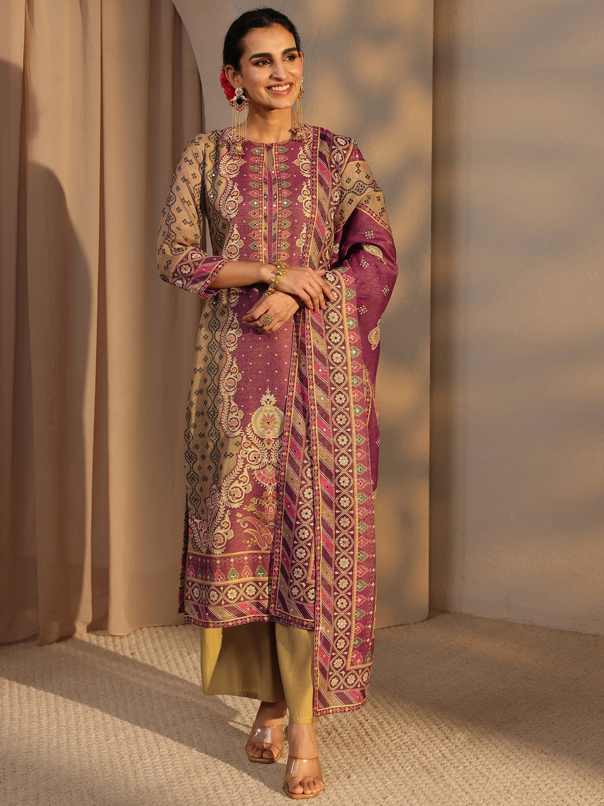 Libas Beige Bandhani Printed Silk Blend Straight Suit Set With Dupatta