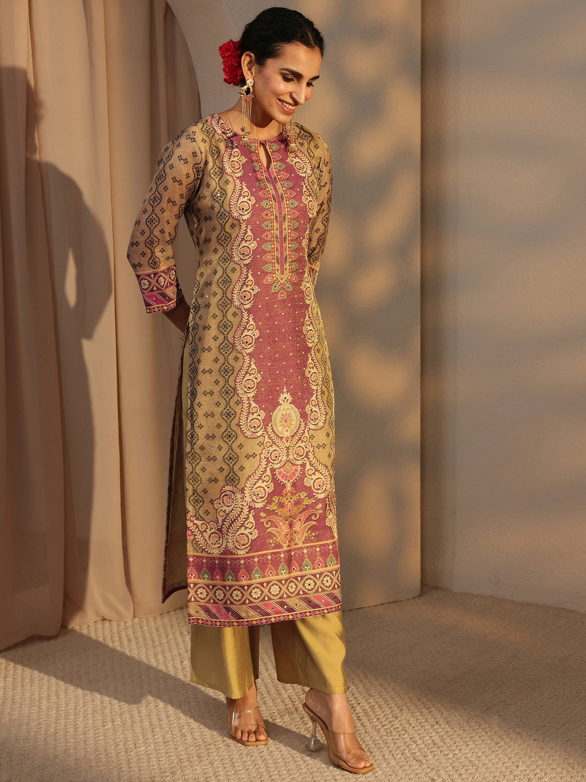 Libas Beige Bandhani Printed Silk Blend Straight Suit Set With Dupatta