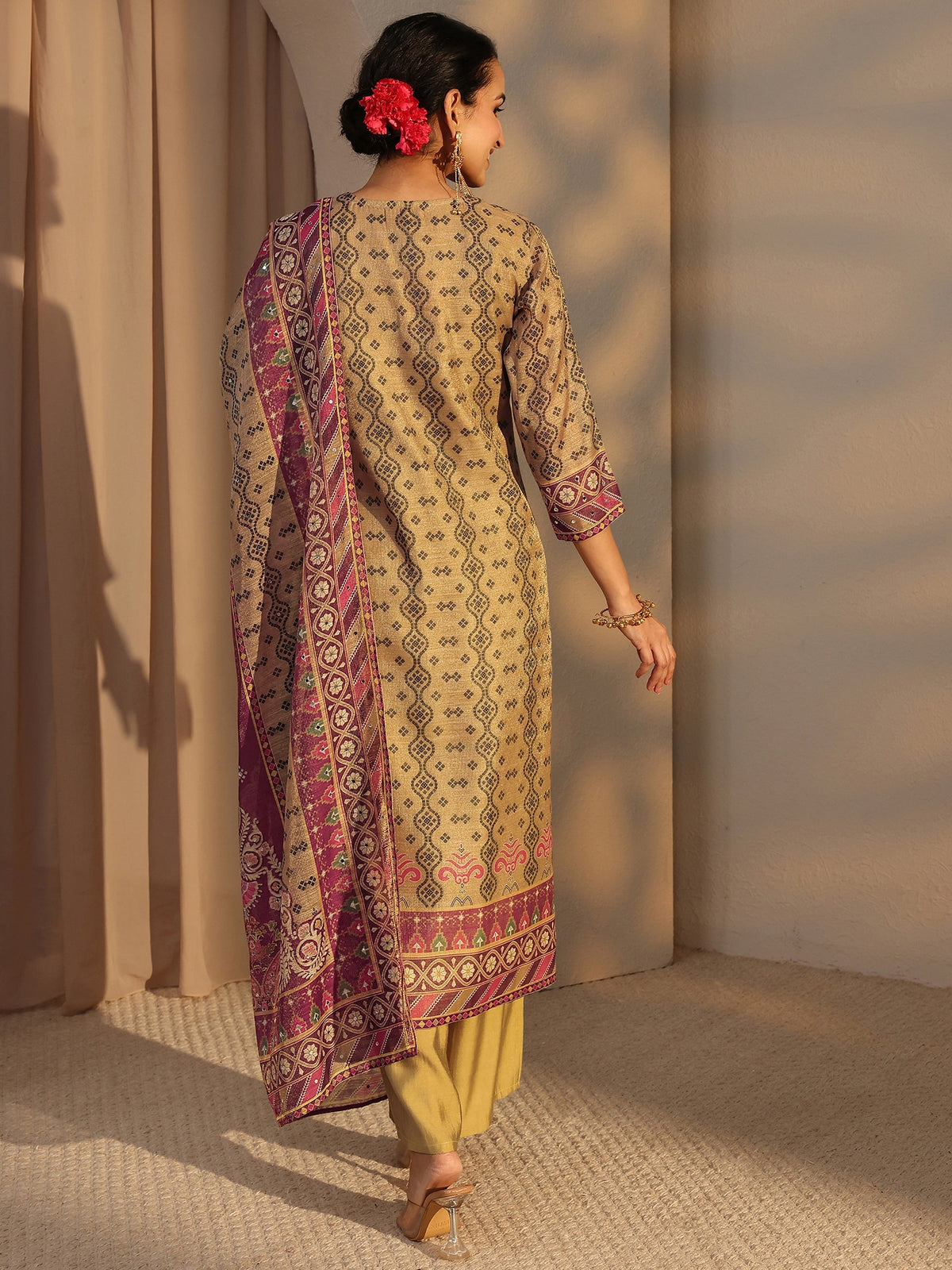 Libas Beige Bandhani Printed Silk Blend Straight Suit Set With Dupatta
