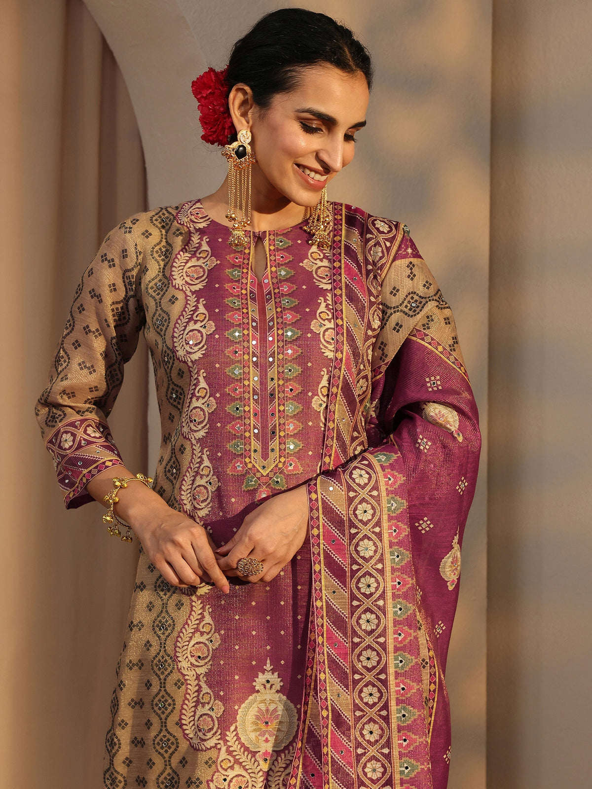 Libas Beige Bandhani Printed Silk Blend Straight Suit Set With Dupatta
