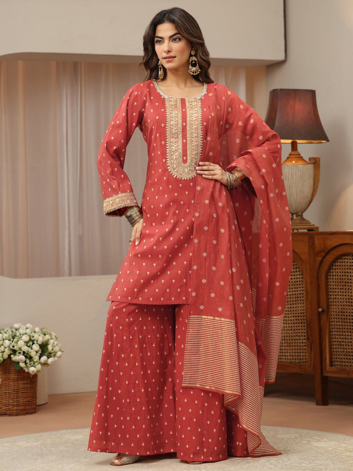 Libas Vermillion Orange Woven Design Chanderi Silk Palazzo Suit Set KS67