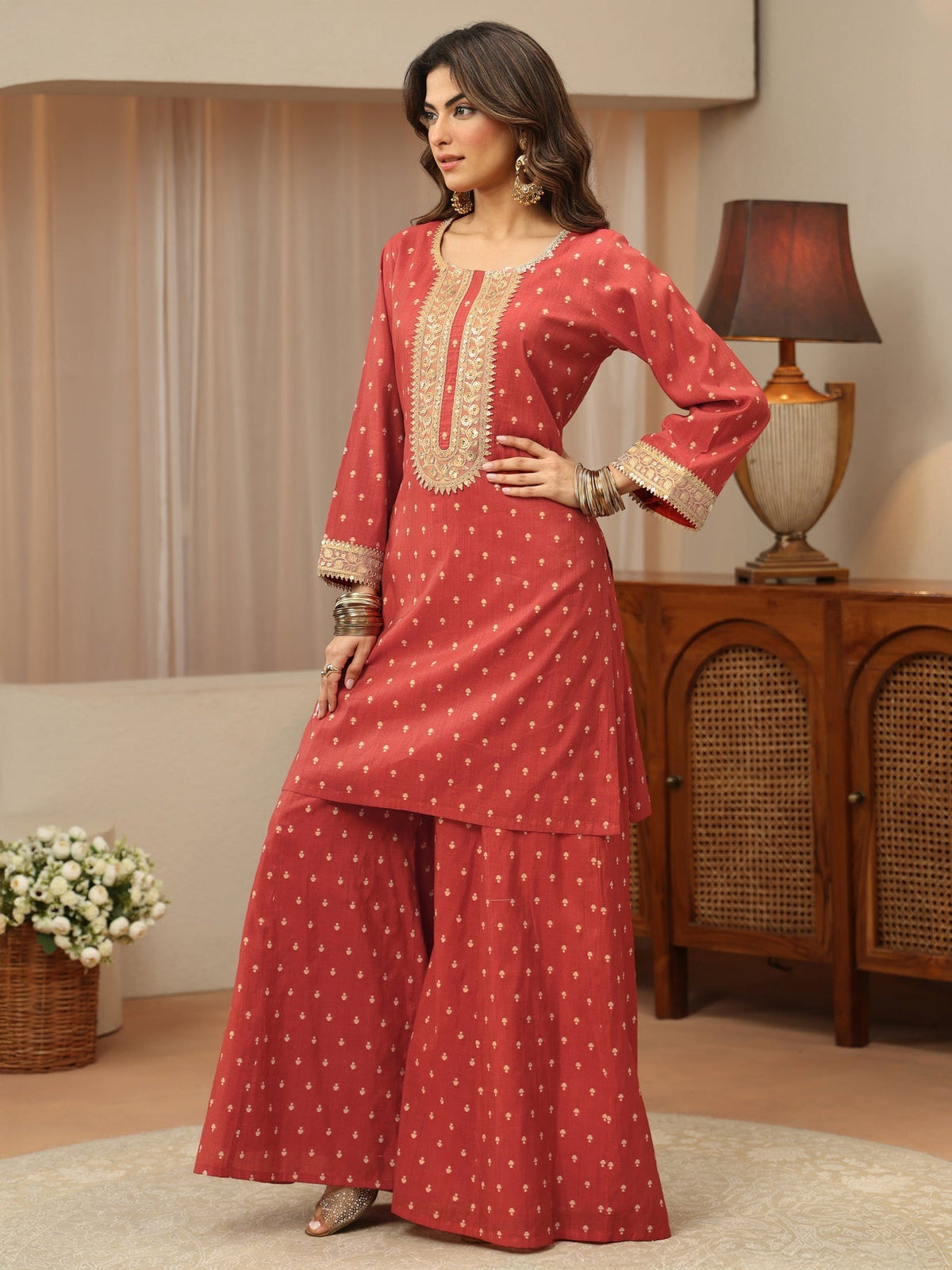 Libas Vermillion Orange Woven Design Chanderi Silk Palazzo Suit Set KS67