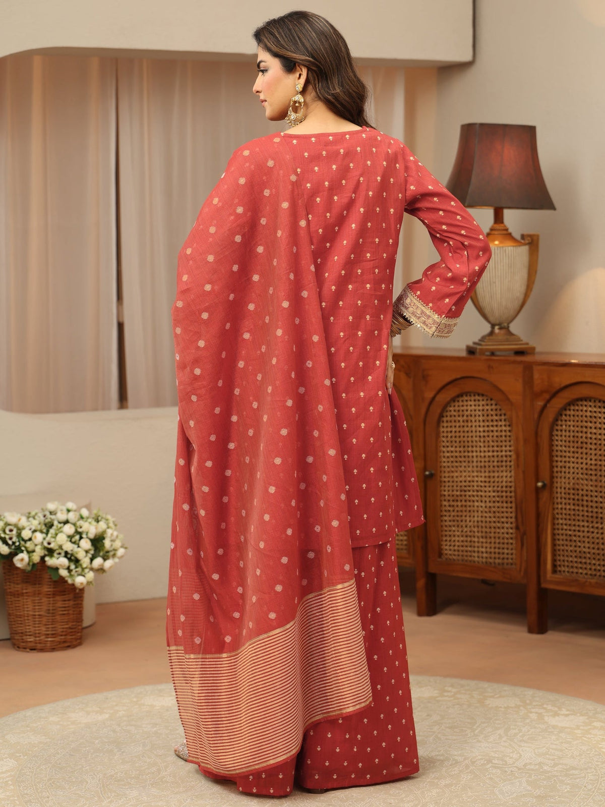 Libas Vermillion Orange Woven Design Chanderi Silk Palazzo Suit Set KS67