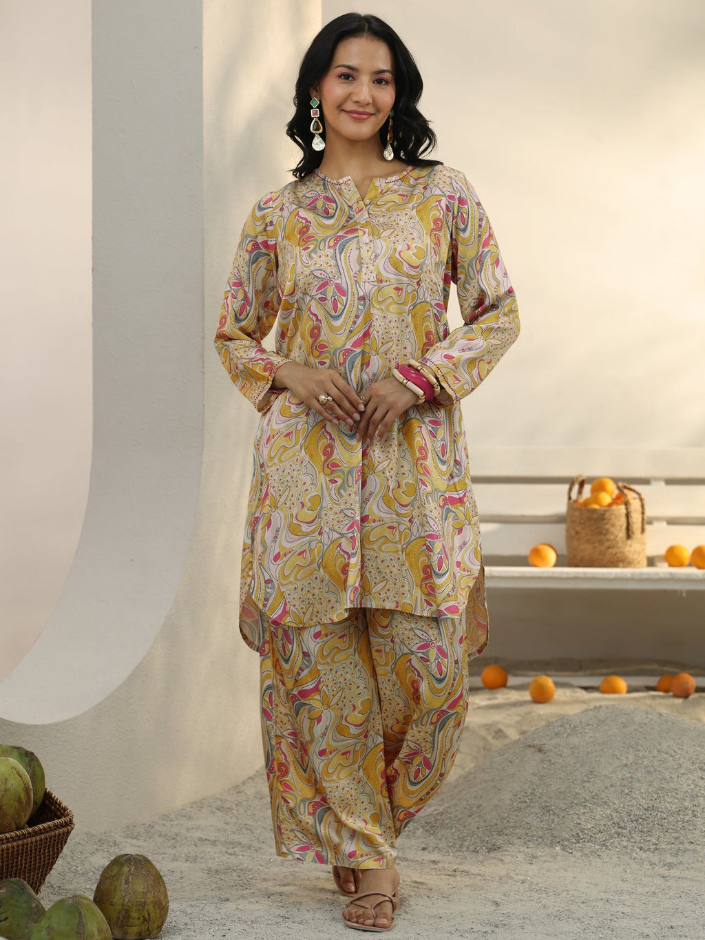 Libas Yellow Abstract Printed Silk Blend Co-Ord Set CO87