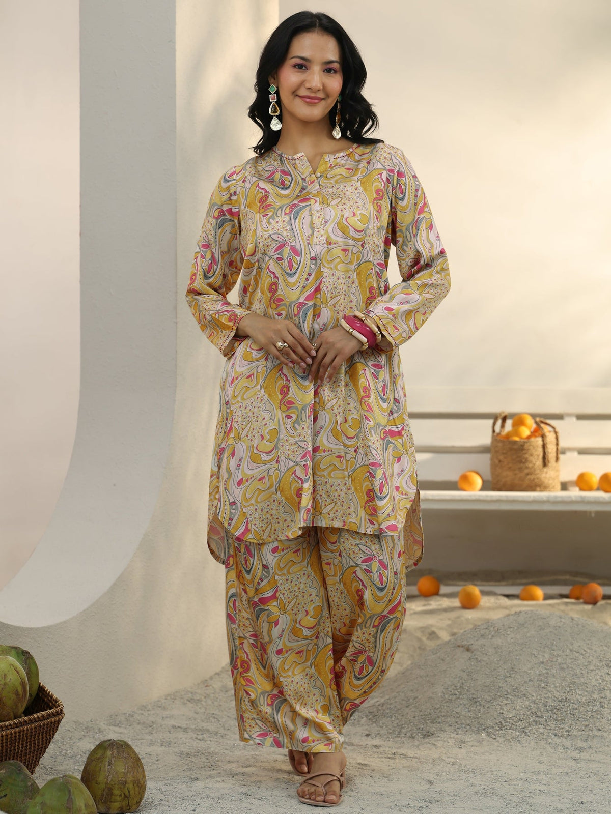 Libas Yellow Abstract Printed Silk Blend Co-Ord Set CO87