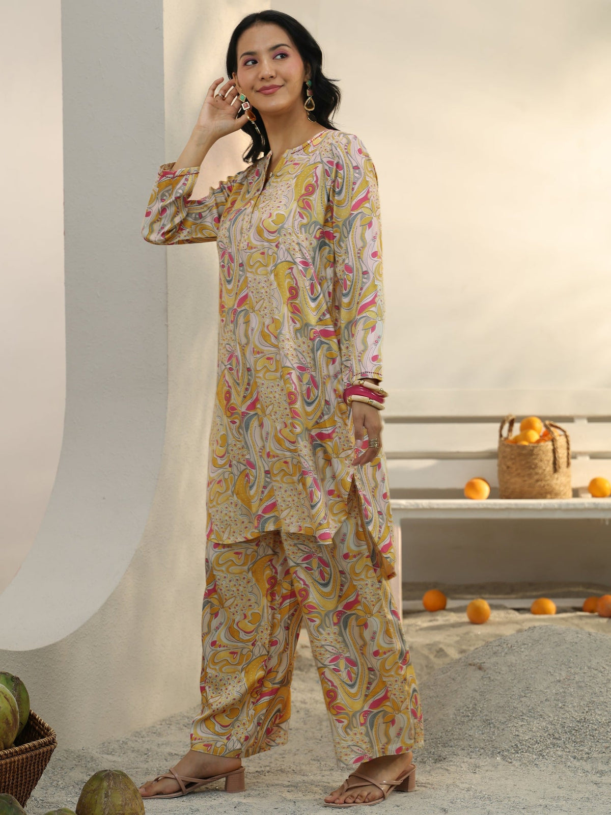 Libas Yellow Abstract Printed Silk Blend Co-Ord Set CO87