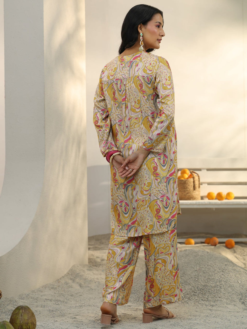 Libas Yellow Abstract Printed Silk Blend Co-Ord Set CO87
