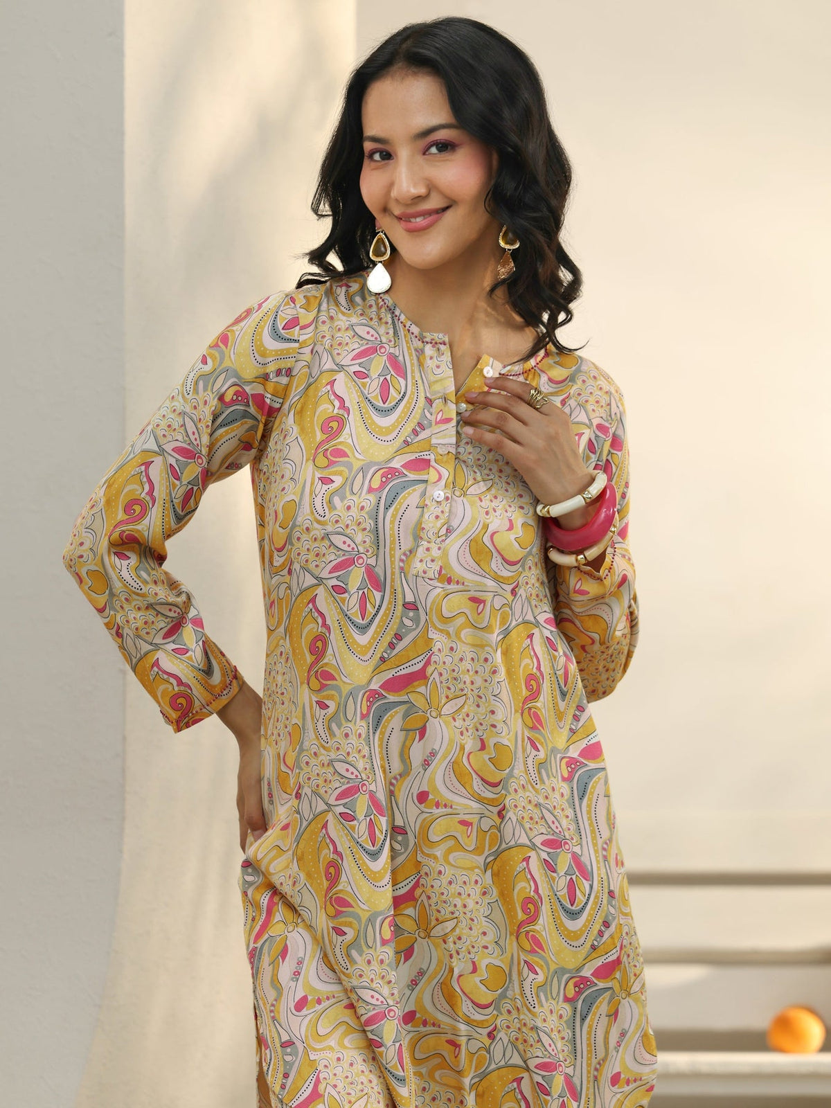 Libas Yellow Abstract Printed Silk Blend Co-Ord Set CO87