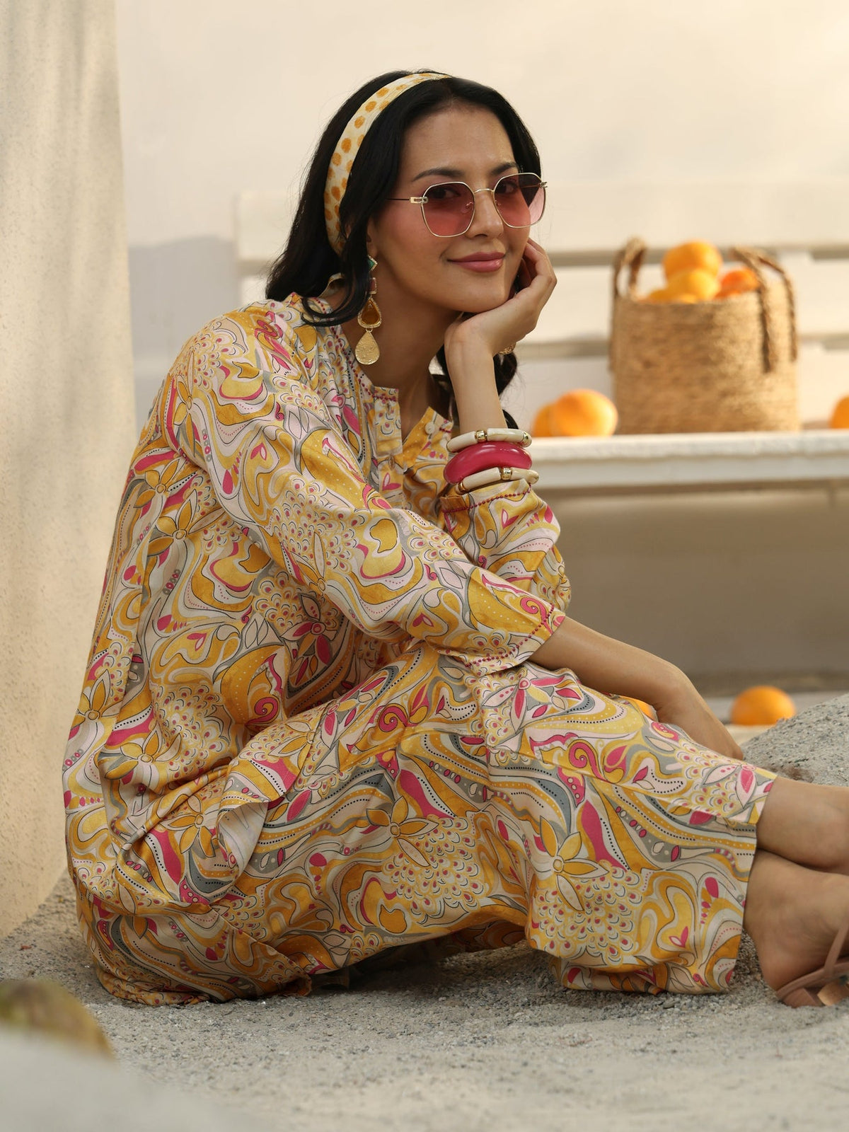 Libas Yellow Abstract Printed Silk Blend Co-Ord Set CO87