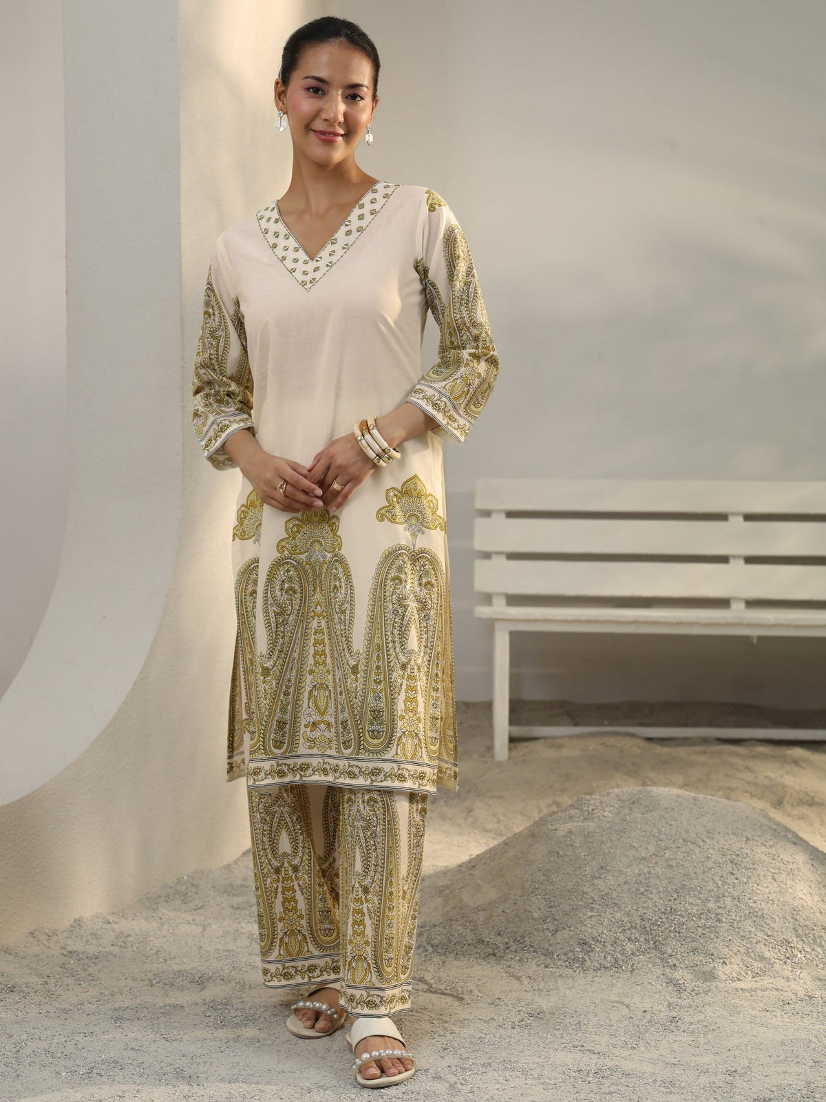 Libas Off White Ethnic Printed Cotton Co-Ord Set CO87