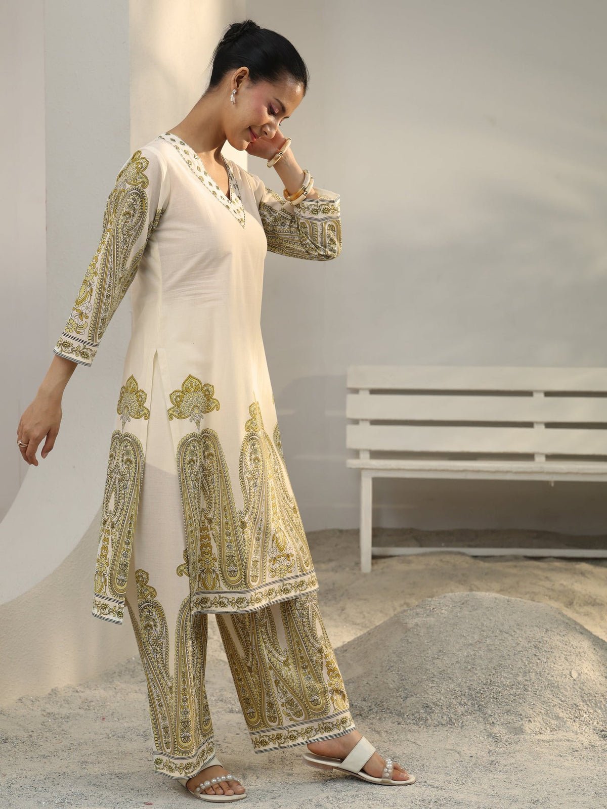 Libas Off White Ethnic Printed Cotton Co-Ord Set CO87