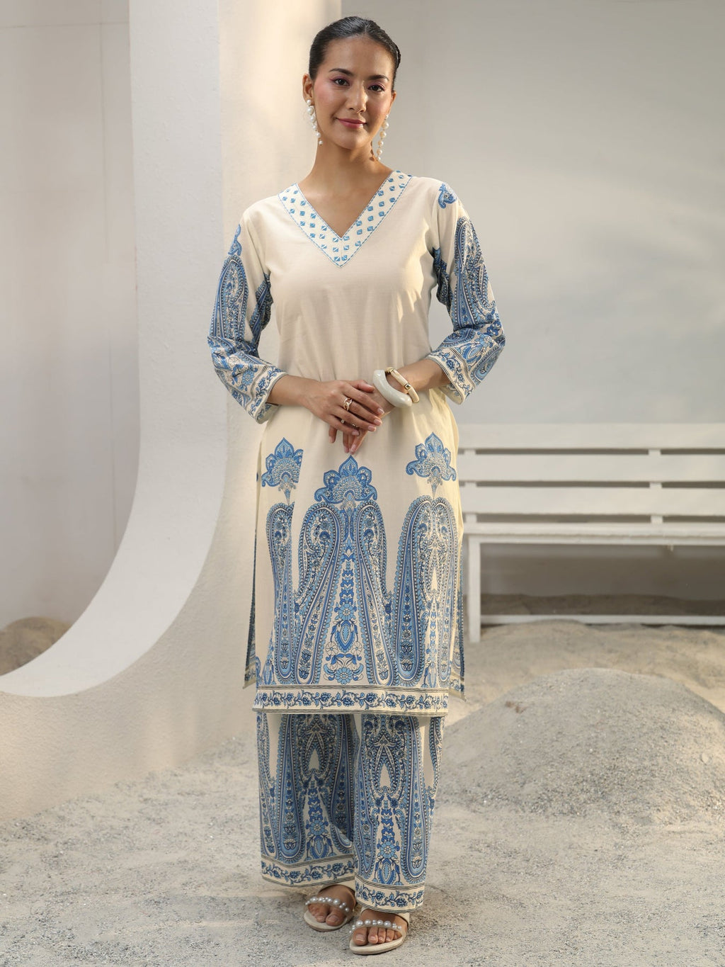Libas Off White Ethnic Printed Cotton Co-Ord Set CO87