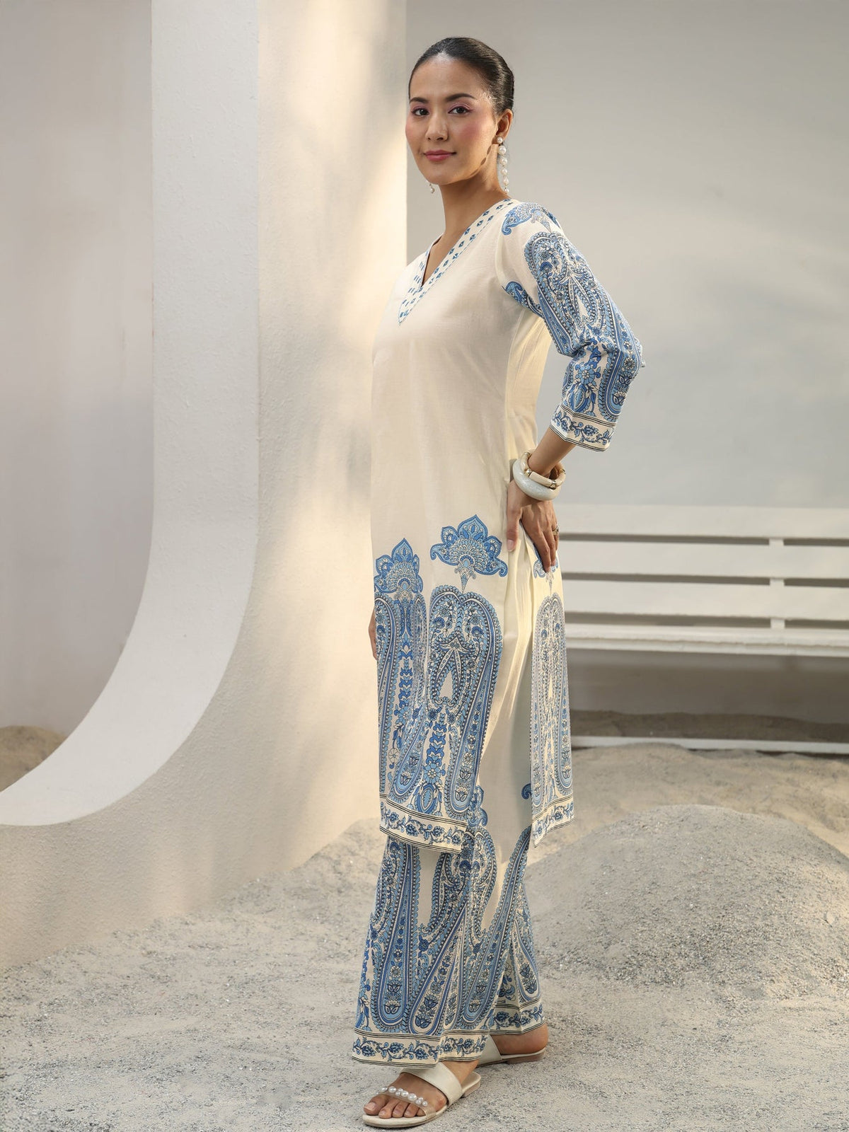 Libas Off White Ethnic Printed Cotton Co-Ord Set CO87