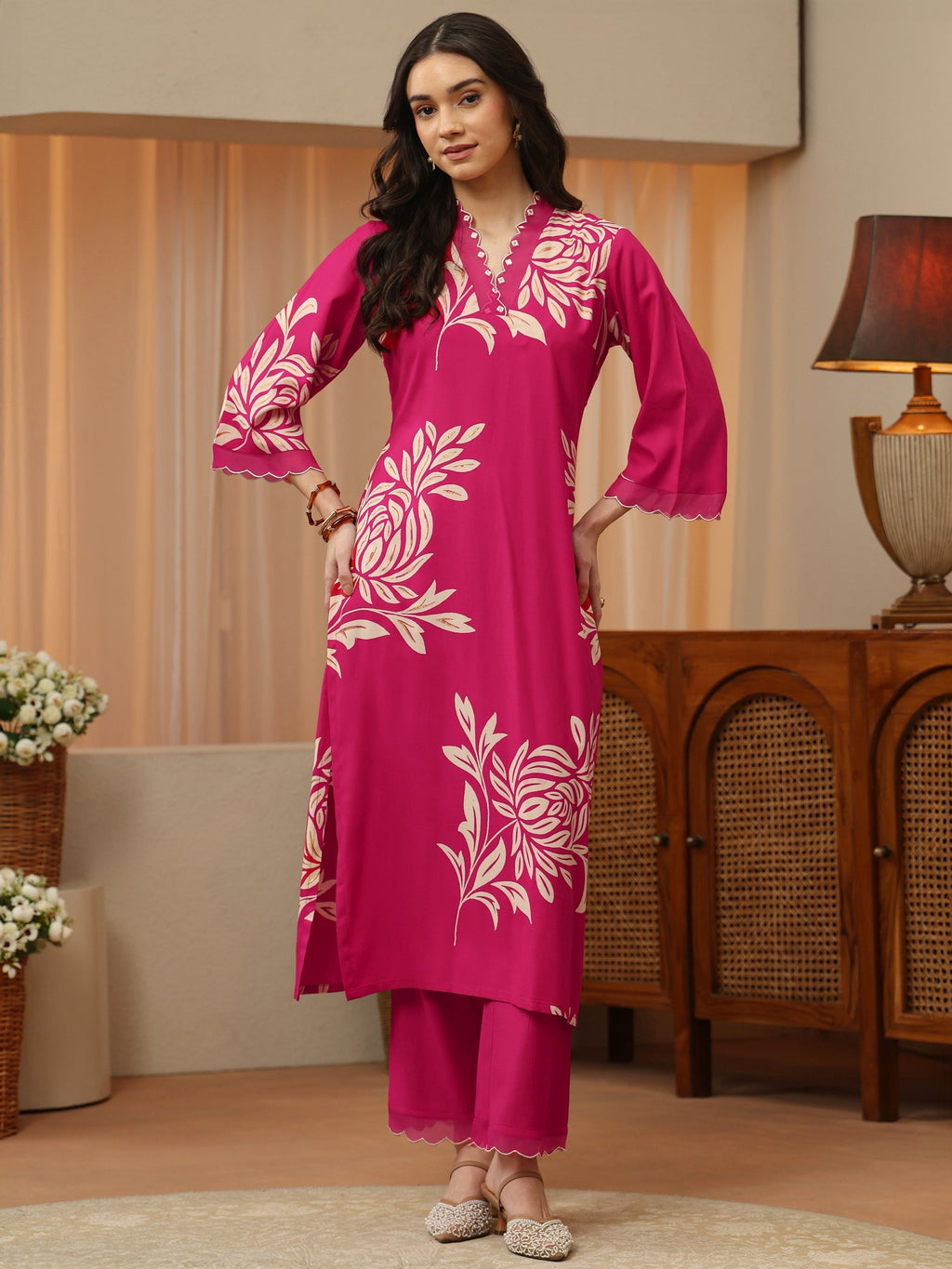 Libas Pink Floral Printed Rayon Straight Kurta Set