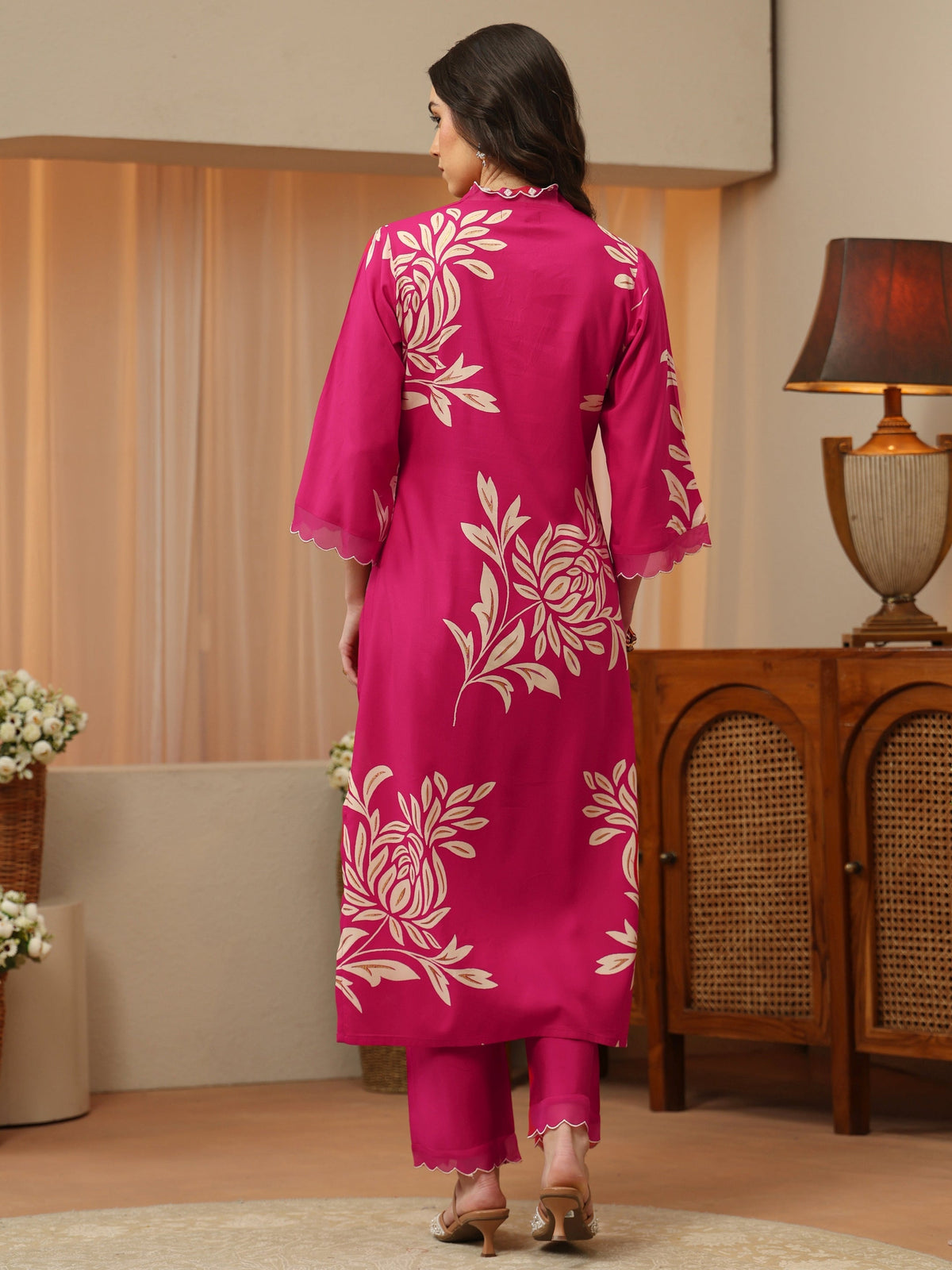 Libas Pink Floral Printed Rayon Straight Kurta Set
