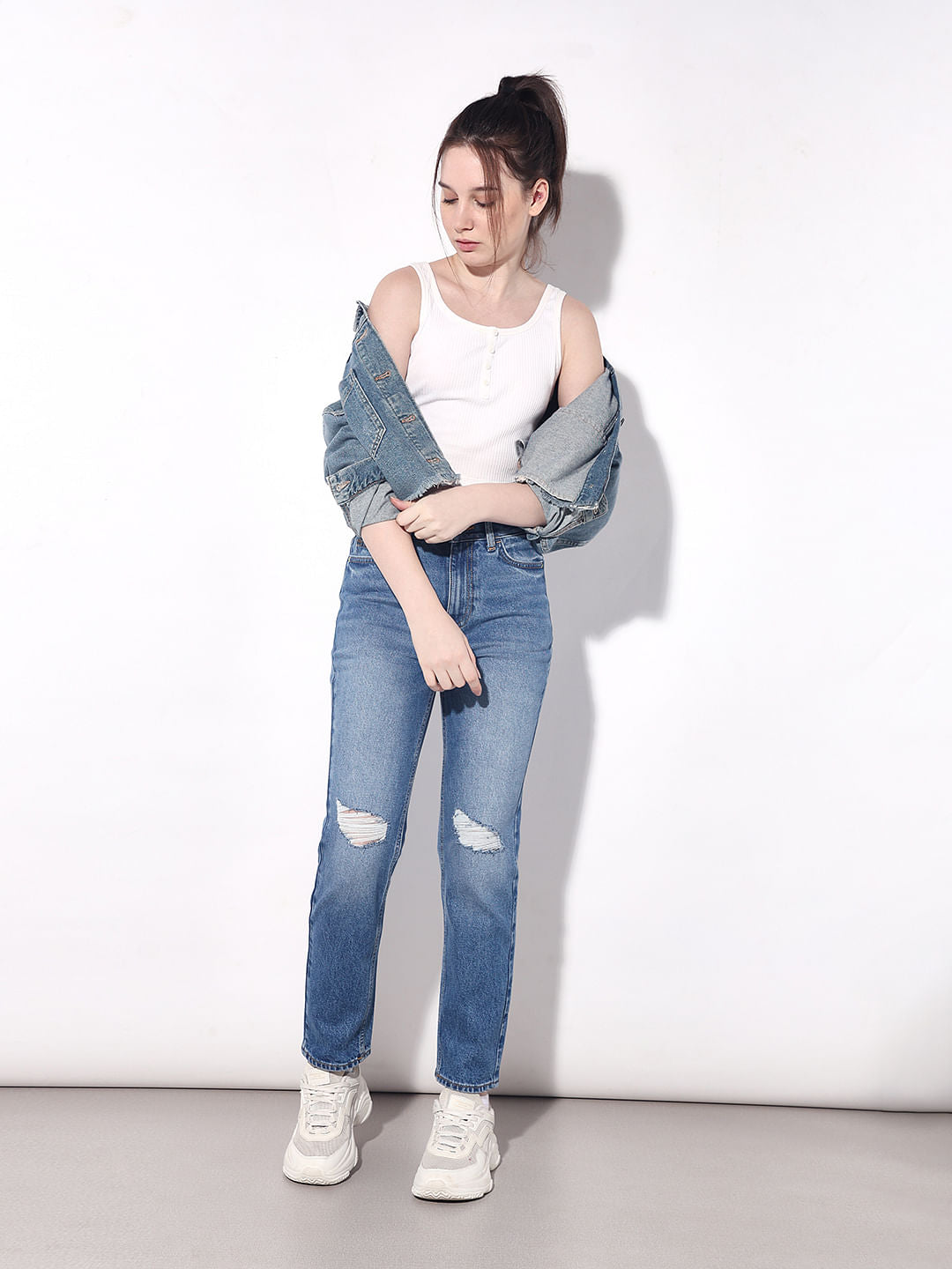 Blue High Rise Distressed Straight Fit Jeans