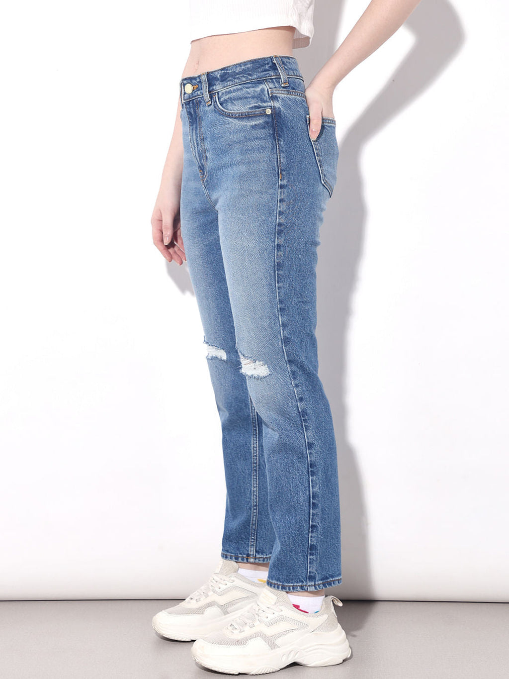 Blue High Rise Distressed Straight Fit Jeans