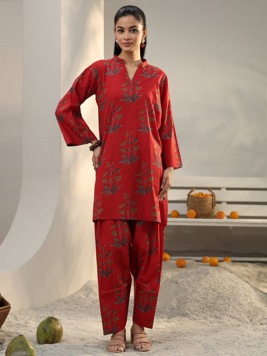 Libas Red Floral Printed Cotton Co-Ord Set CO87