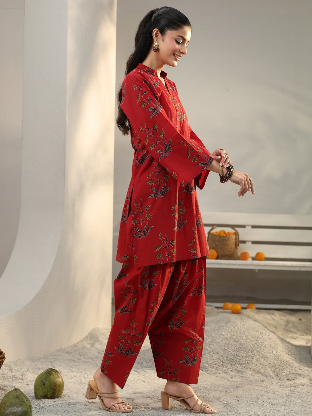 Libas Red Floral Printed Cotton Co-Ord Set CO87