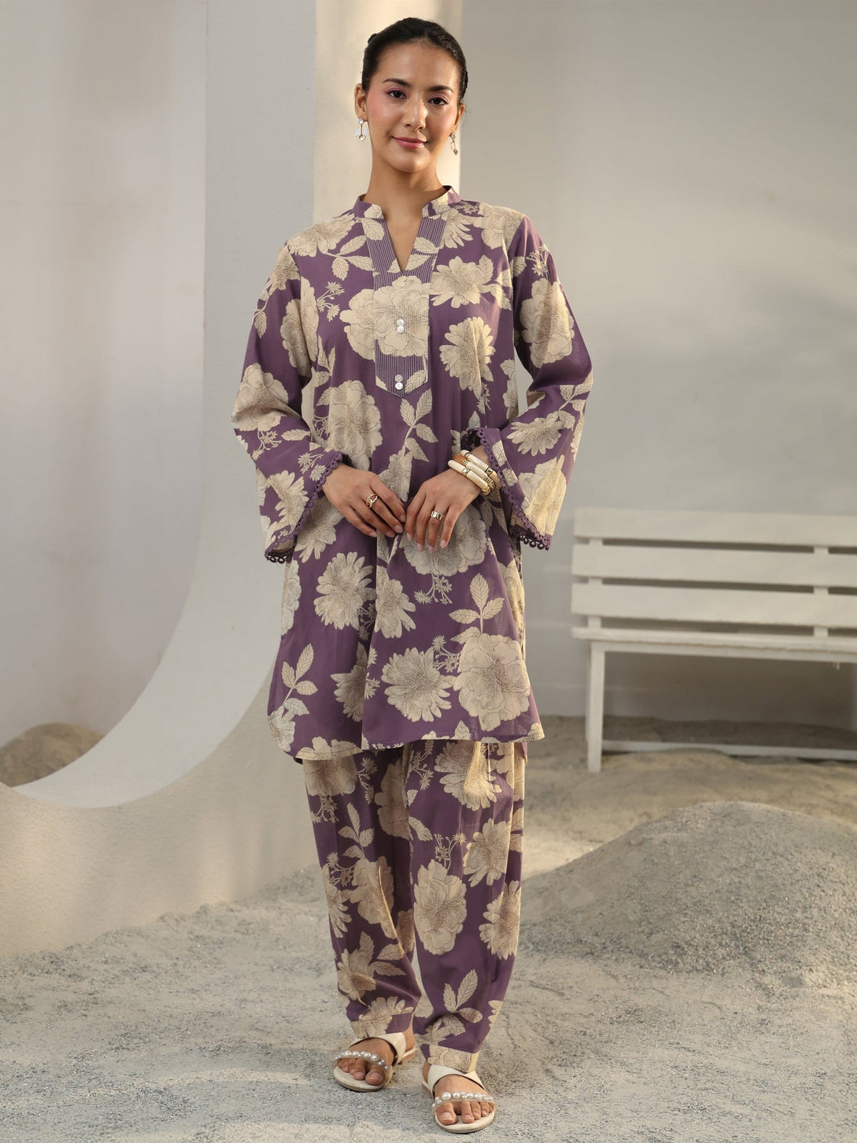 Libas Purple Floral Printed Cotton Co-Ord Set CO87