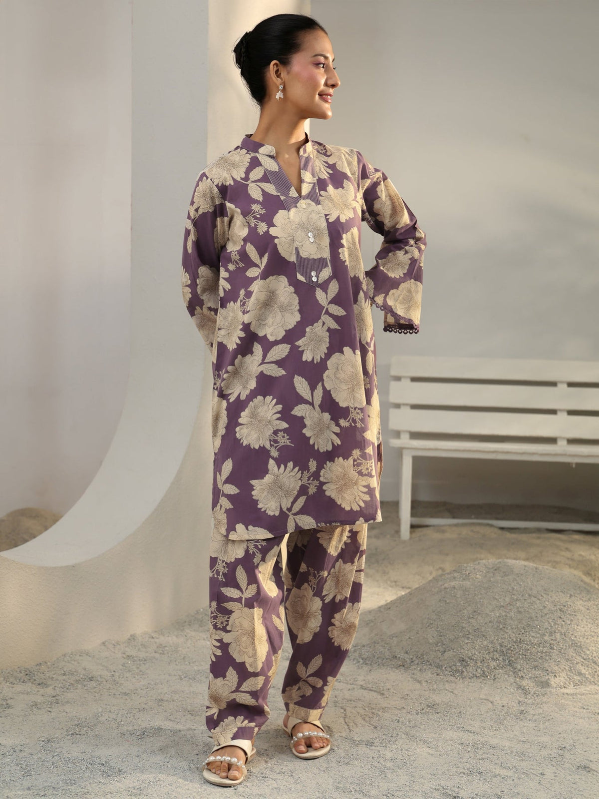 Libas Purple Floral Printed Cotton Co-Ord Set CO87