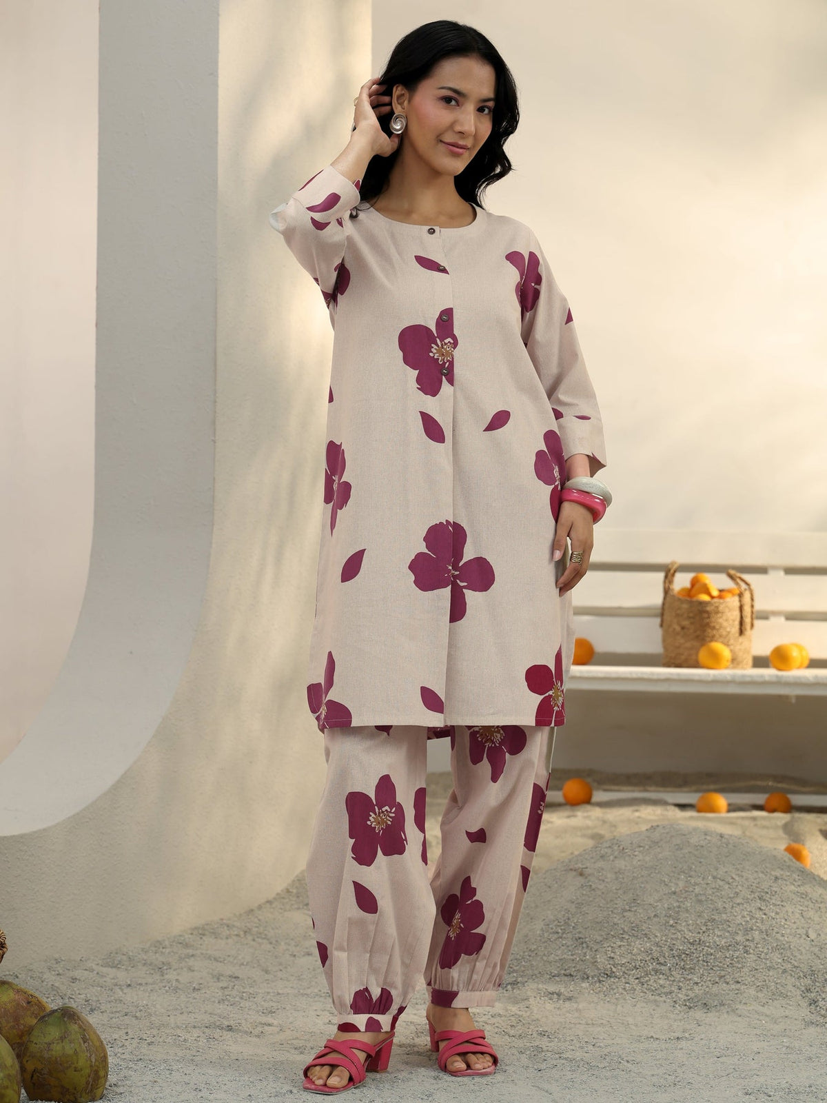 Libas Off White Floral Printed Cotton Co-Ord Set CO87