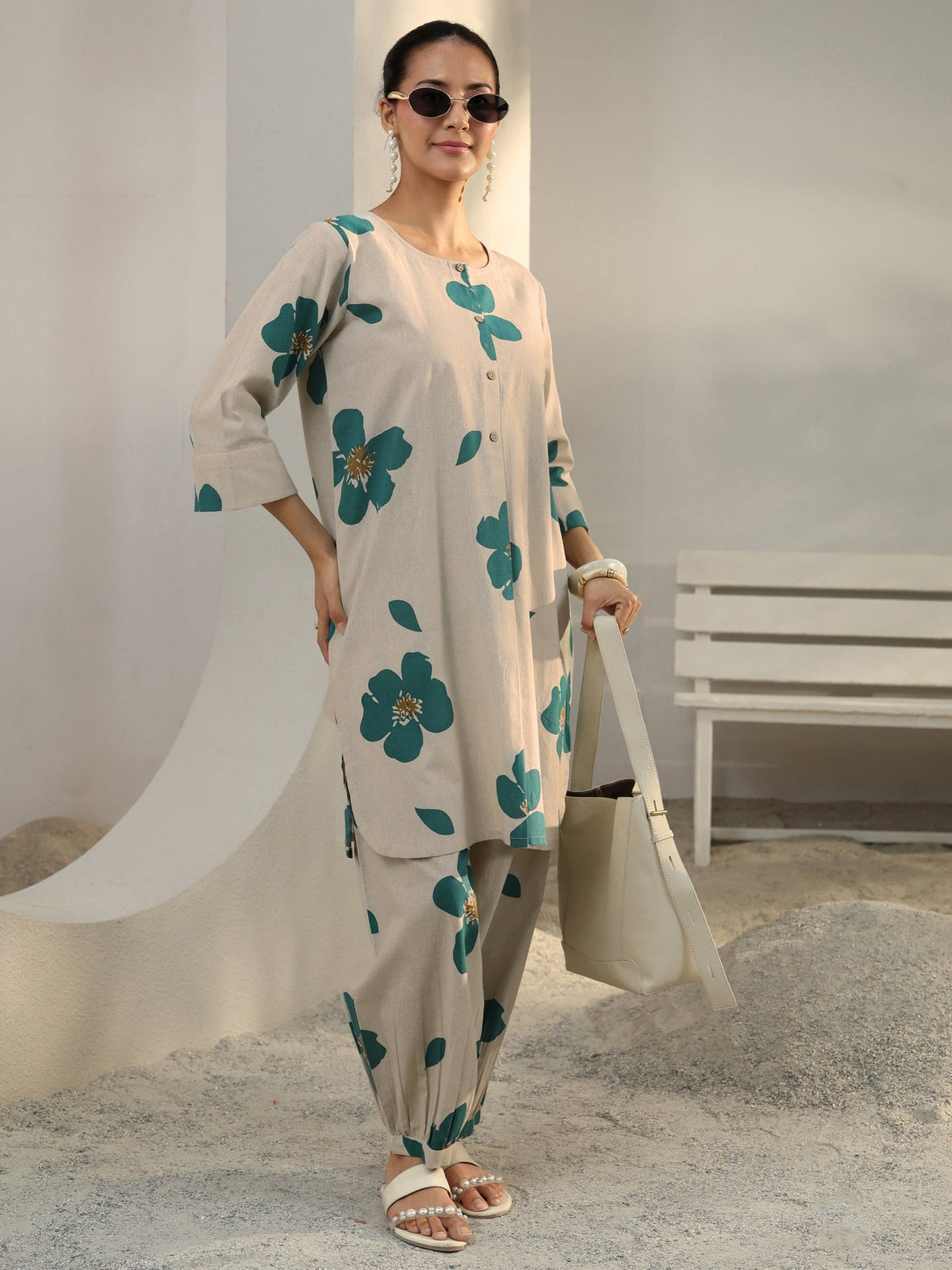 Libas Off White Floral Printed Cotton Co-Ord Set CO87