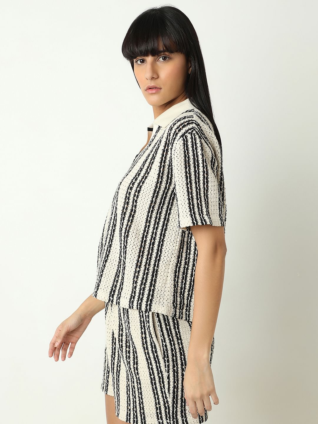 Beige Vertical Stripe Co-Ord Set T-Shirt