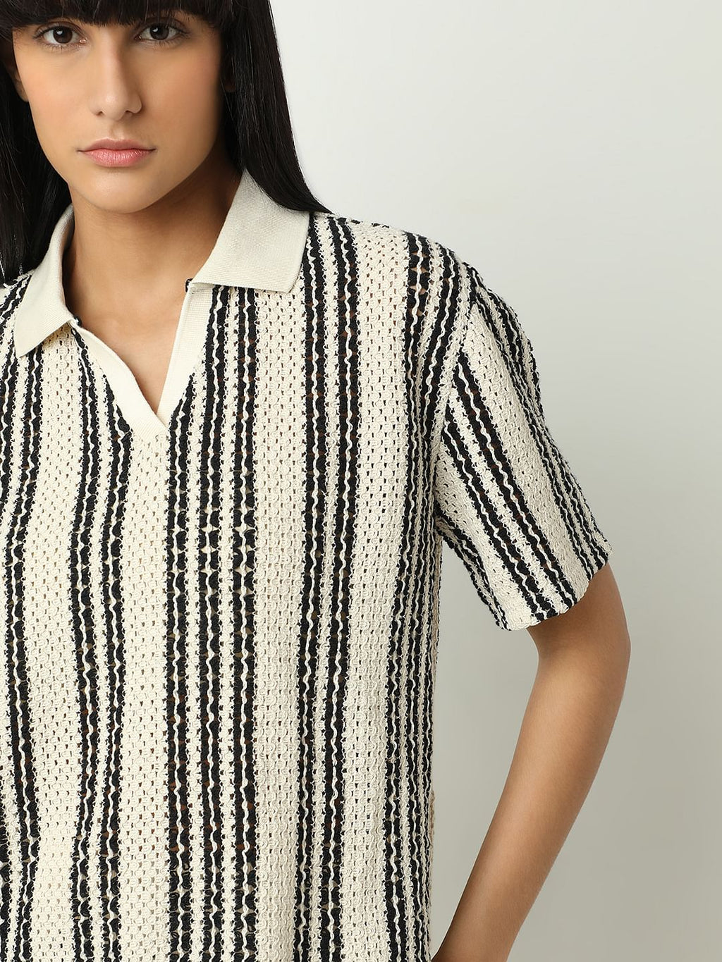 Beige Vertical Stripe Co-Ord Set T-Shirt