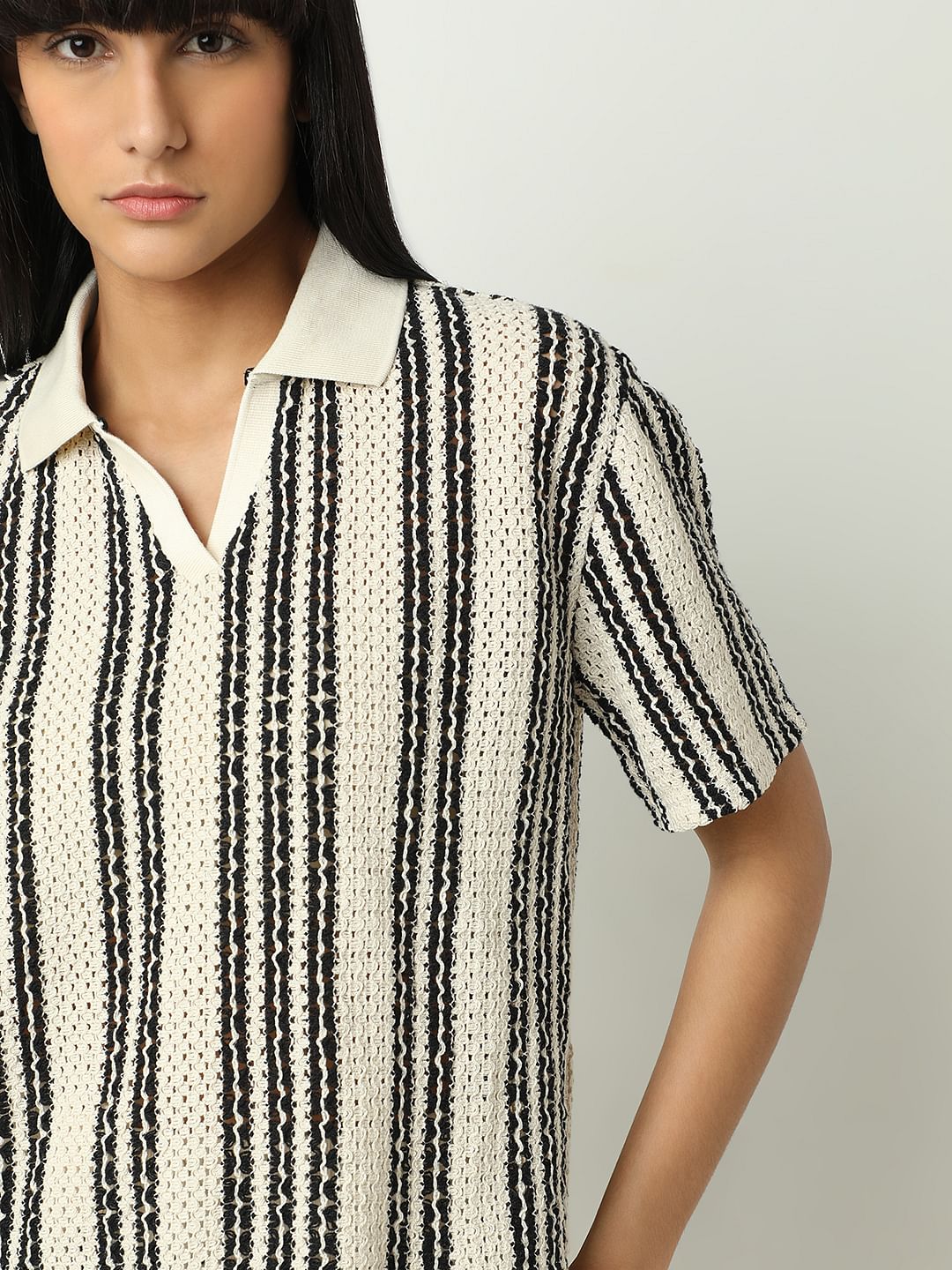 Beige Vertical Stripe Co-Ord Set T-Shirt