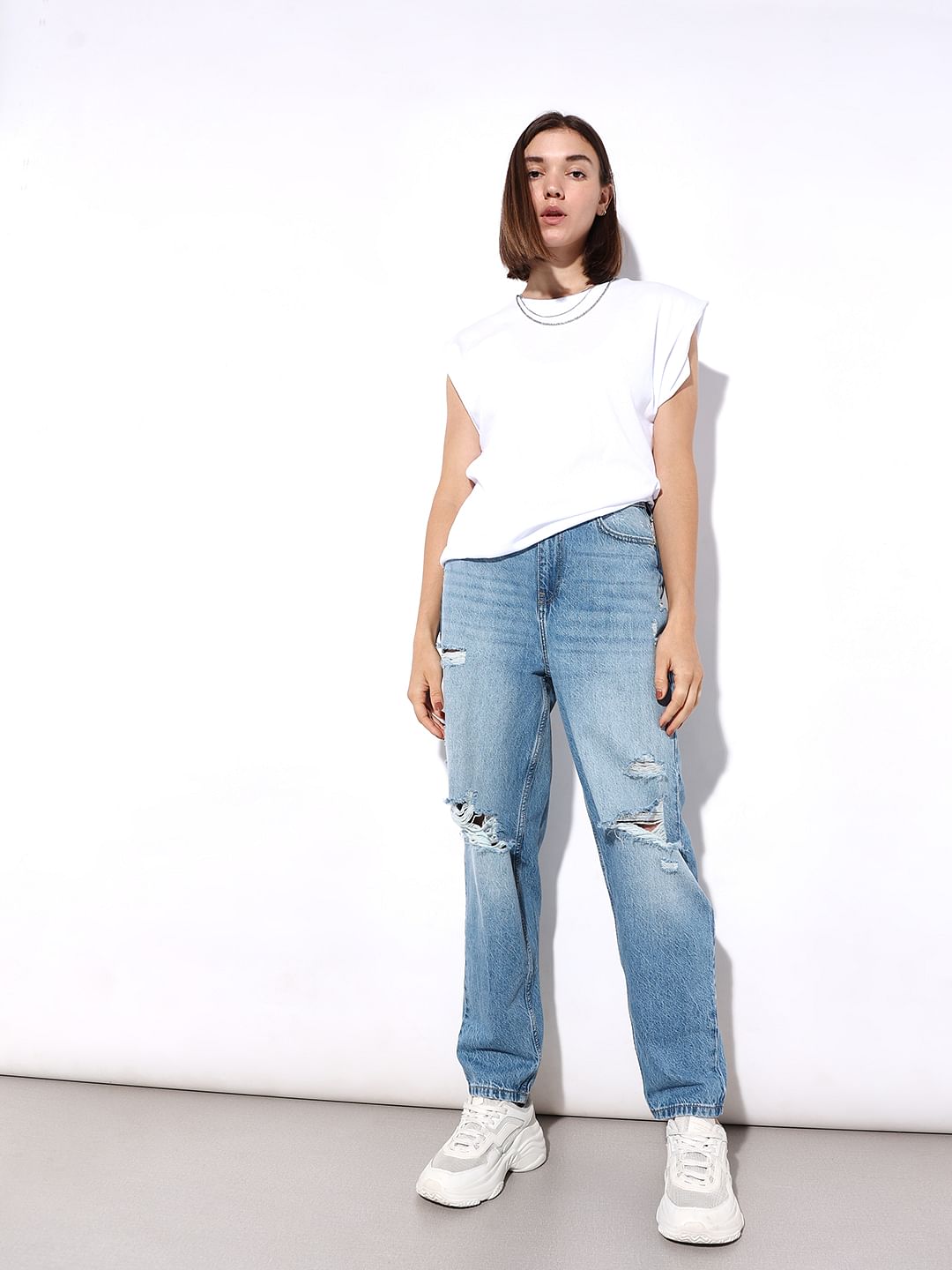 Blue High Rise Distress Jeans