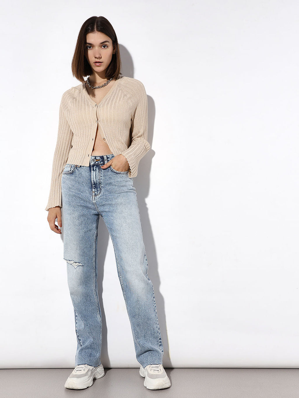Light Blue Distressed Straight Fit Jeans