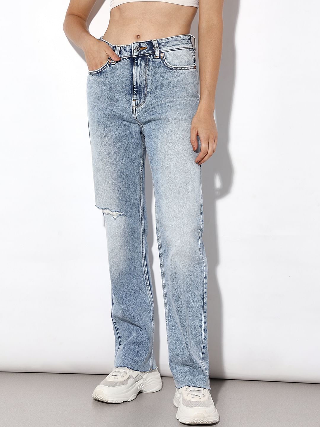 Light Blue Distressed Straight Fit Jeans