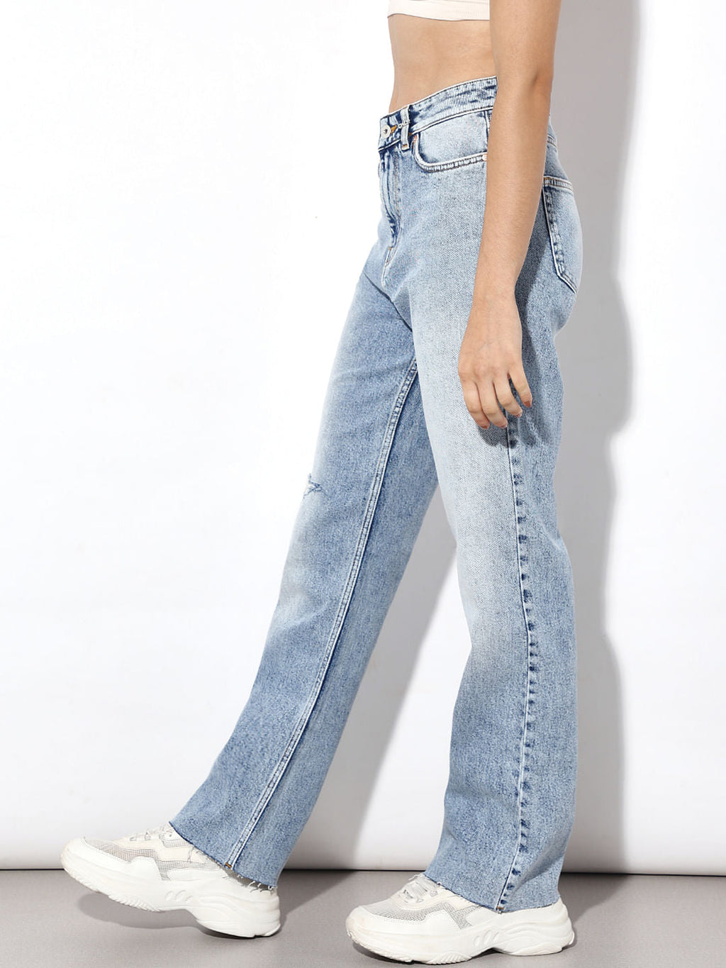 Light Blue Distressed Straight Fit Jeans