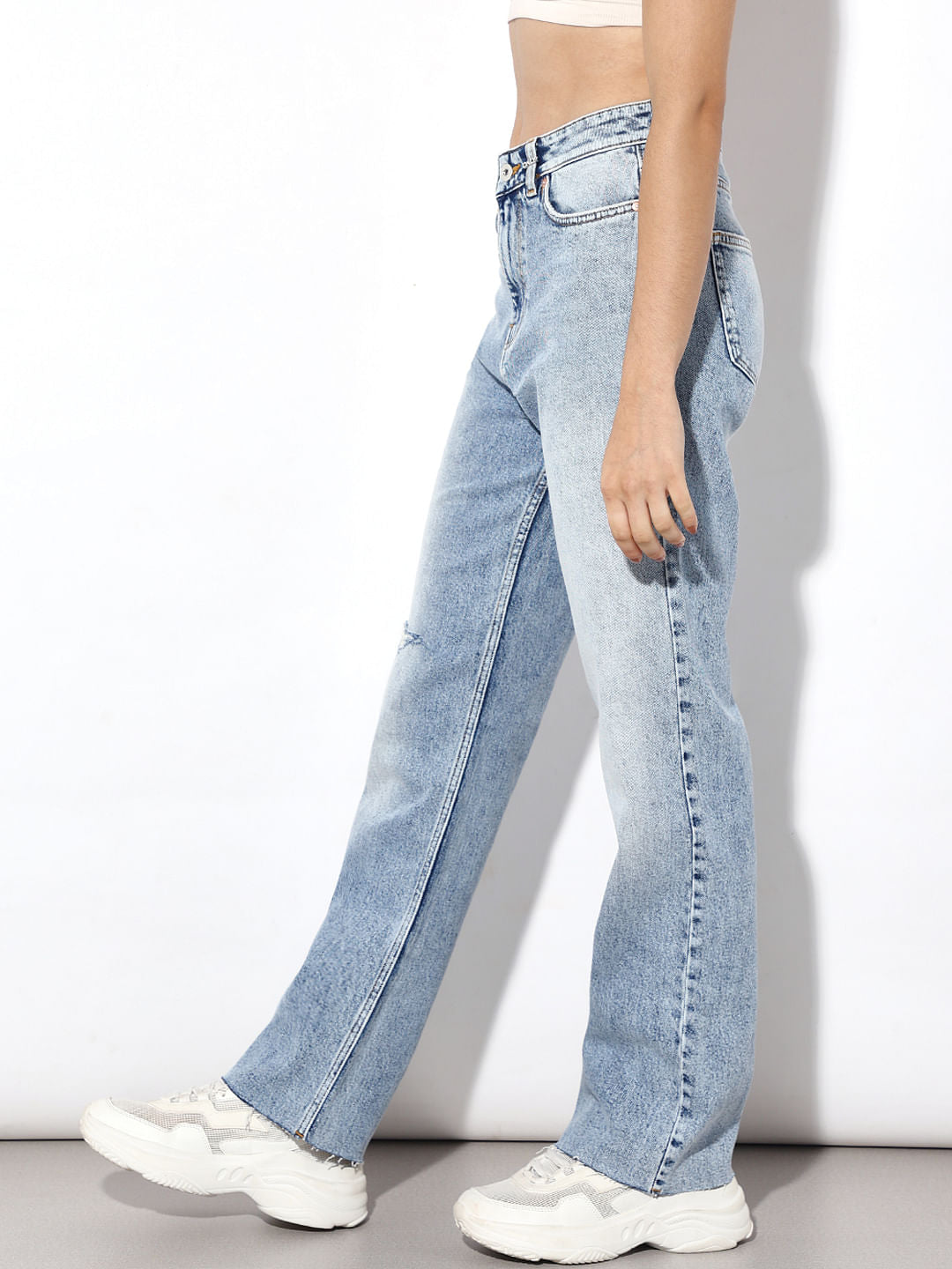 Light Blue Distressed Straight Fit Jeans