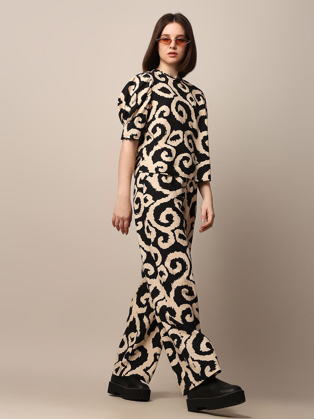 Beige Printed Co-Ord Set Pants