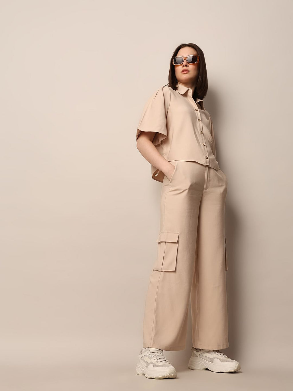 Beige High Rise Co-Ord Set Pants