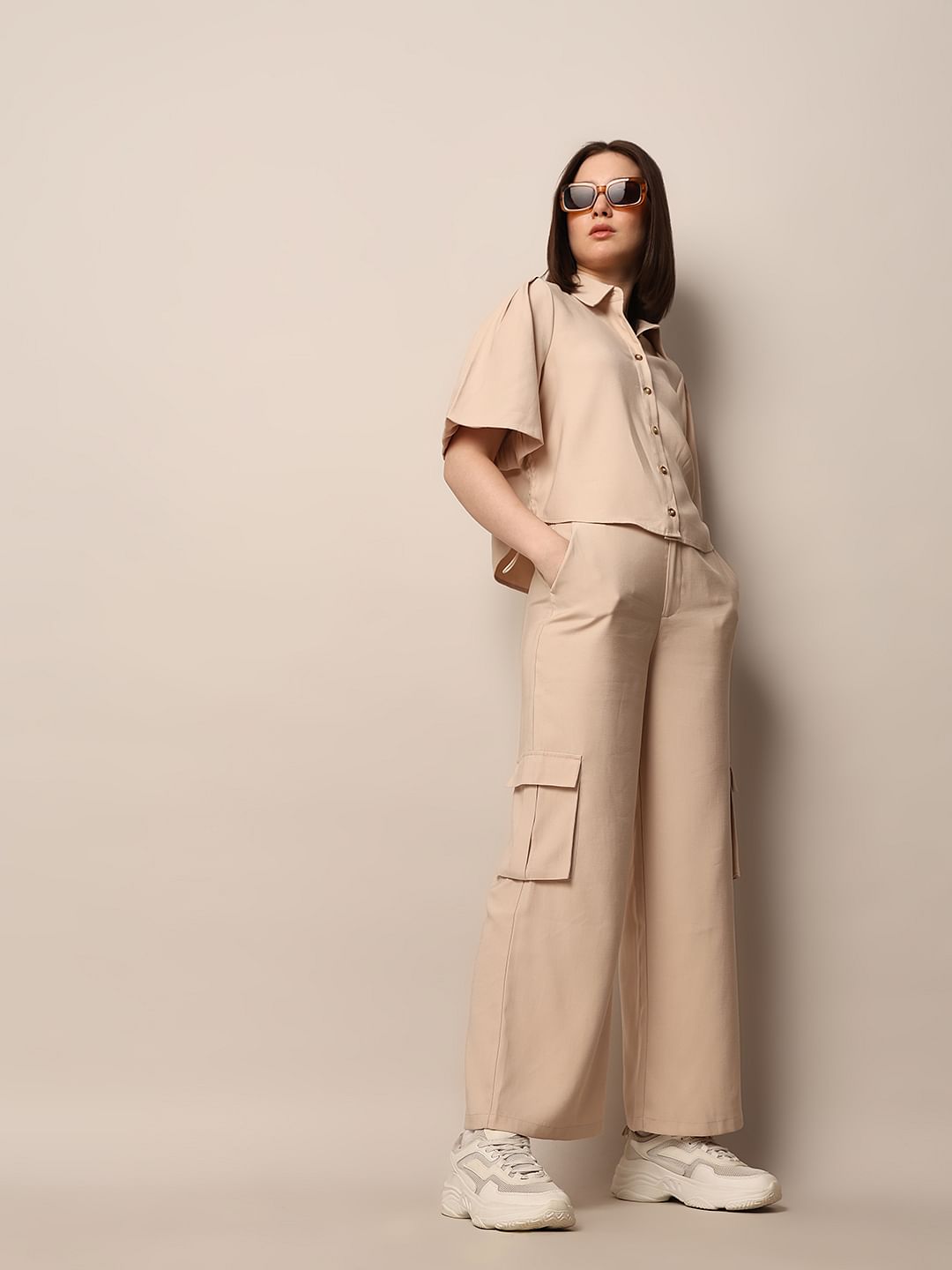Beige High Rise Co-Ord Set Pants
