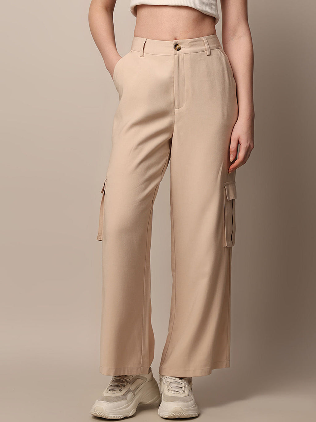 Beige High Rise Co-Ord Set Pants