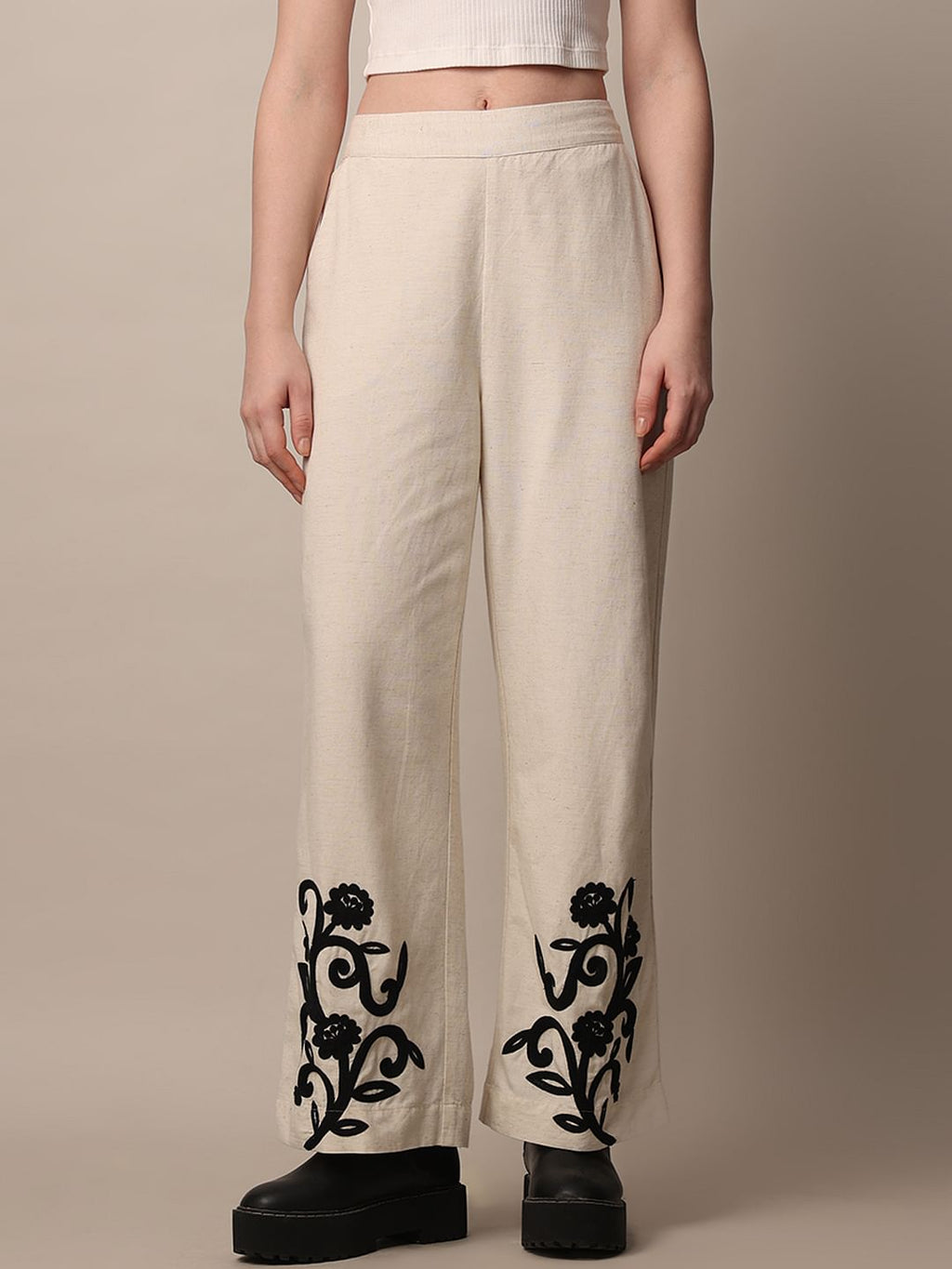 Beige Embroidered Co-Ord Set Pants