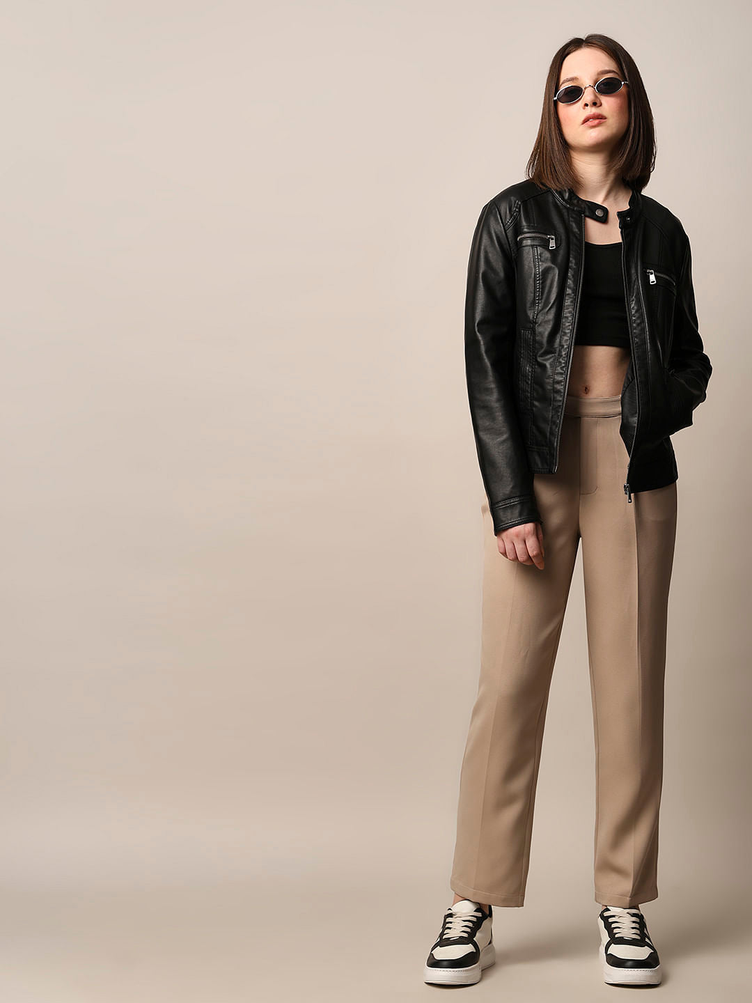 Beige High Rise Tailored Pants