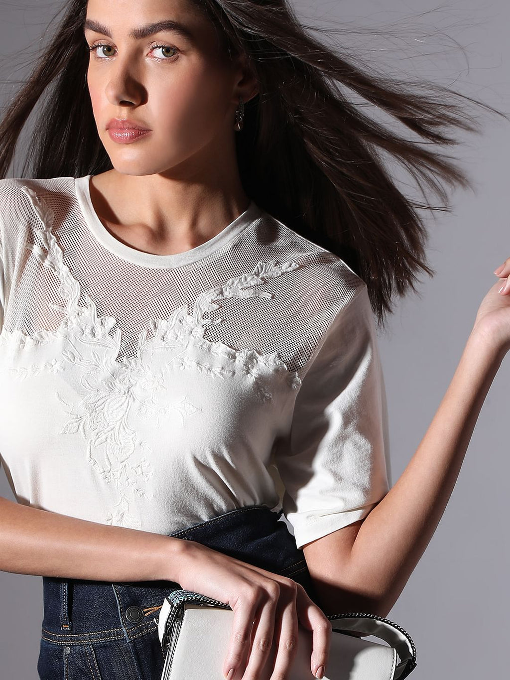 White Floral Appliqu Mesh T-Shirt