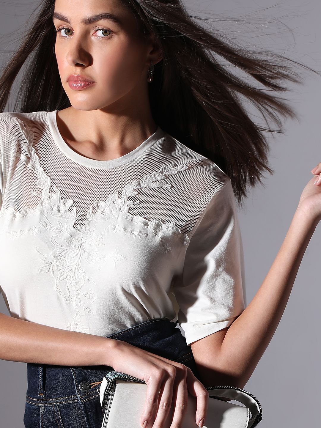 White Floral Appliqu Mesh T-Shirt
